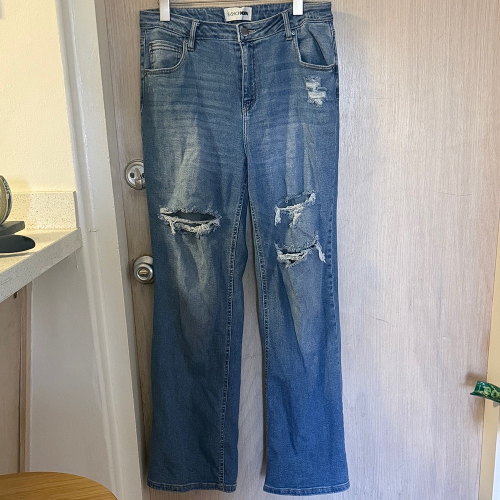Fashion Nova Light Blue Distressed High-Rise Jeans curvy flare